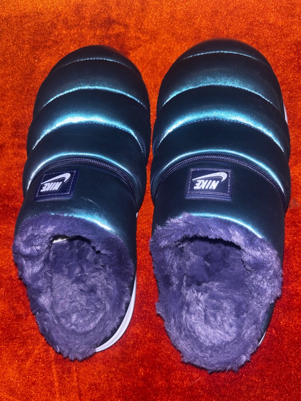 Nike Women’s Metallic Teal Puffer Slip-On Slippers with Purple Fleece